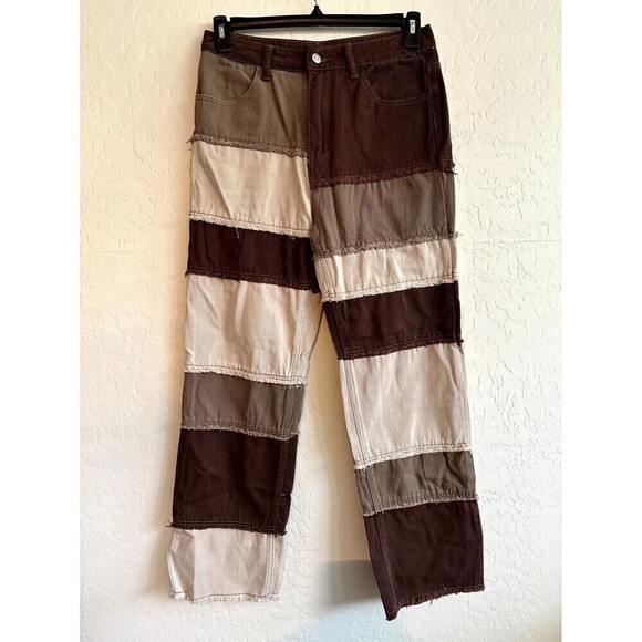 SHEIN Two Tone High Waisted Straight Jeans Womens Size L Fringe Raw Hem - Picture 1 of 16